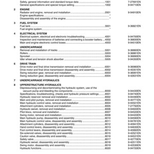 May include: A table of contents for a CX800 Tier 3 Crawler Excavators manual. The document lists sections on general information, engine, fuel system, electrical system, undercarriage, drive train, and hydraulics. The document is printed in France.