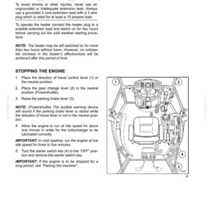 Op de afbeelding: Een pagina uit een technisch handboek getiteld SECTION 5 - OPERATING INSTRUCTIONS, met een waarschuwing over het gebruik van de verwarming en een genummerde lijst voor het stoppen van een motor. Een lijntekening toont een tractorbestuurdersplaats.