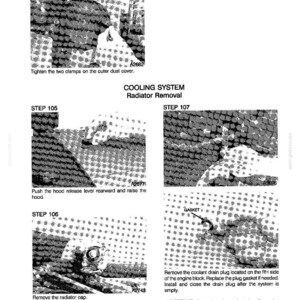 May include: A black and white diagram illustrating the cooling system radiator removal process. The diagram includes step-by-step instructions with accompanying images and text, such as tightening clamps and removing the radiator cap.