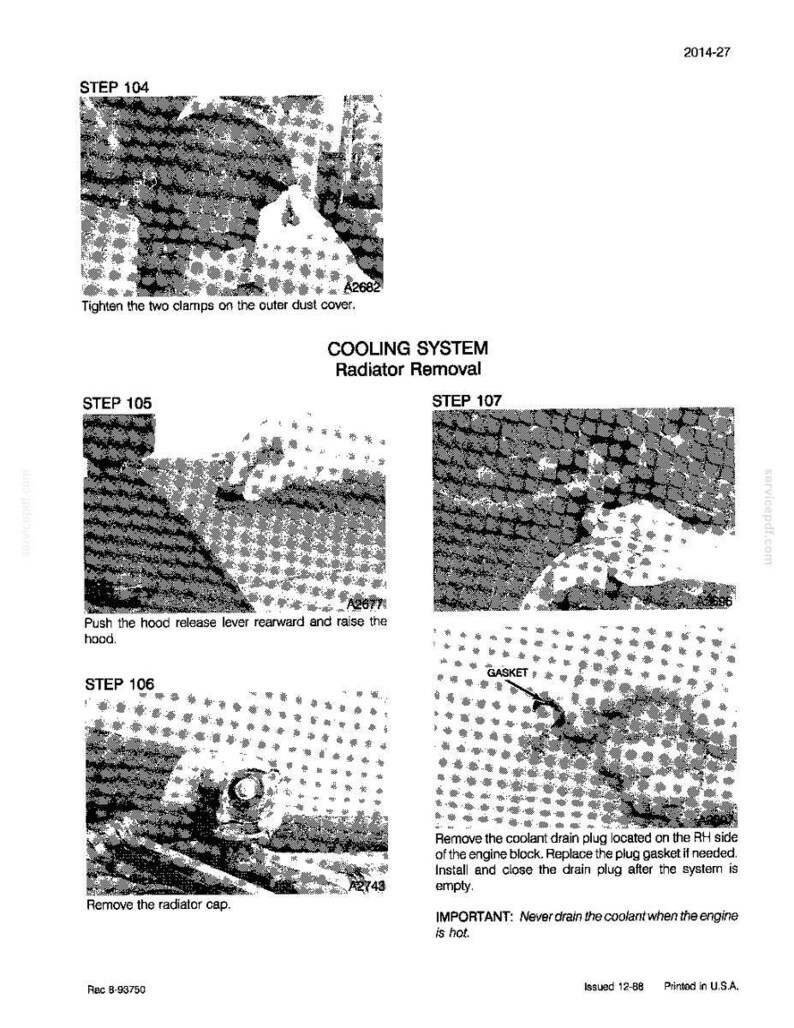 May include: A black and white diagram illustrating the cooling system radiator removal process. The diagram includes step-by-step instructions with accompanying images and text, such as tightening clamps and removing the radiator cap.