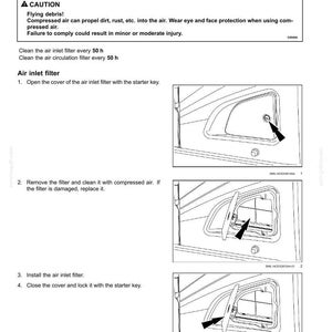 May include: Diagram of air conditioner filter maintenance instructions. Steps include opening the cover, removing and cleaning the filter with compressed air, installing the filter, and closing the cover. Text includes safety warnings.