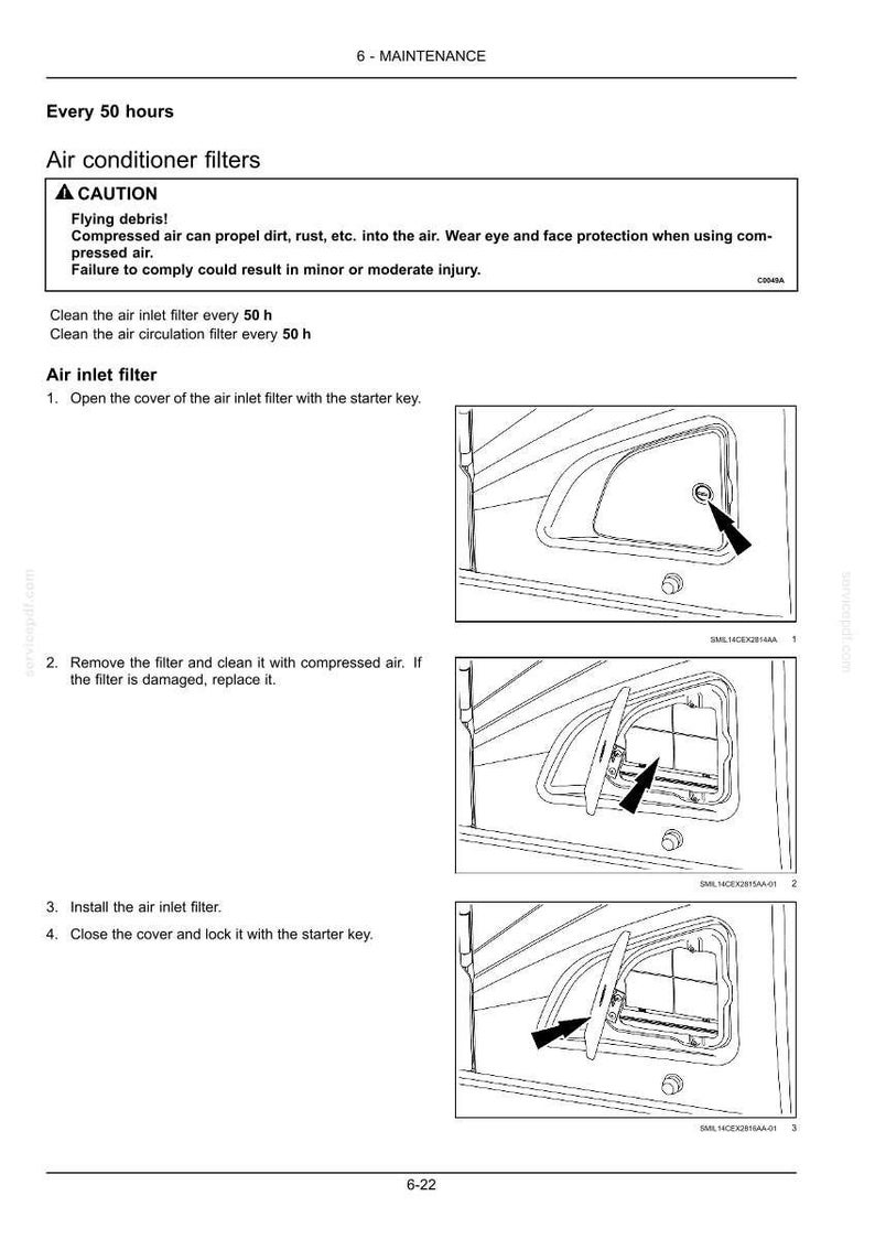 May include: Diagram of air conditioner filter maintenance instructions. Steps include opening the cover, removing and cleaning the filter with compressed air, installing the filter, and closing the cover. Text includes safety warnings.