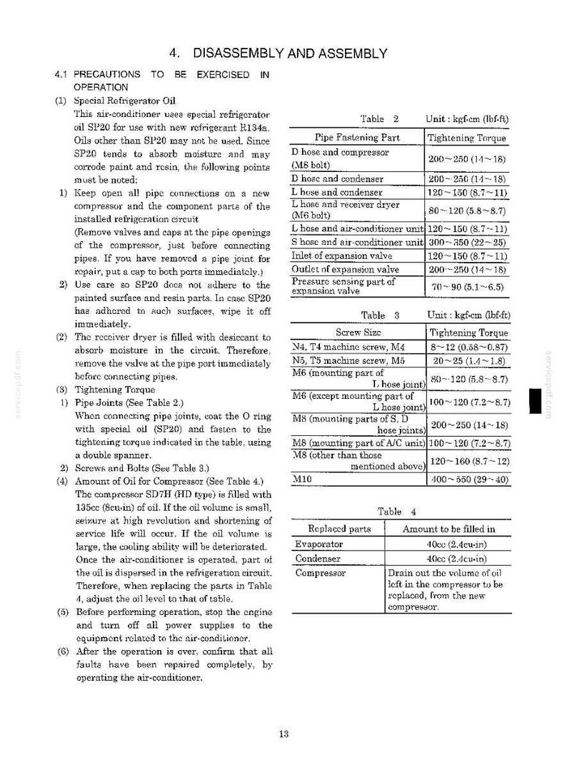 May include: A technical document page titled 4. DISASSEMBLY AND ASSEMBLY containing instructions for air-conditioner maintenance, including precautions for SP20 refrigerator oil and three tables detailing pipe fastening torque and oil volumes.