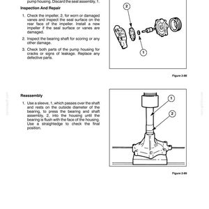 May include: A technical manual page titled Section 2 - Engine, featuring two diagrams labeled Figure 2-88 and Figure 2-89. The diagrams illustrate the disassembly and reassembly of a pump housing, impeller, seal assembly, and bearing shaft with numbered parts.