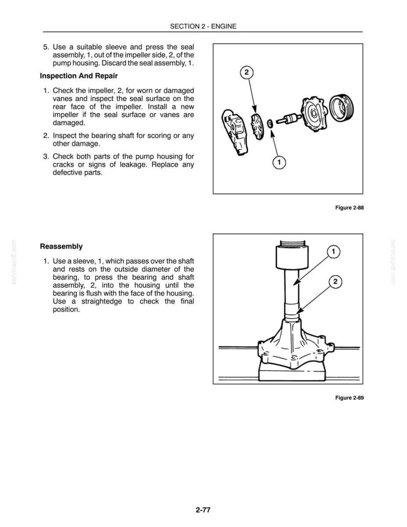 May include: A technical manual page titled Section 2 - Engine, featuring two diagrams labeled Figure 2-88 and Figure 2-89. The diagrams illustrate the disassembly and reassembly of a pump housing, impeller, seal assembly, and bearing shaft with numbered parts.