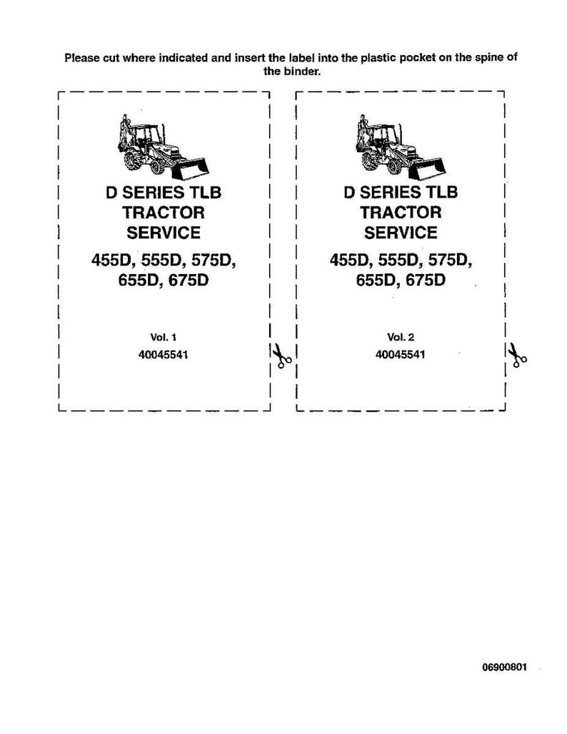 May include: Two black and white labels for a tractor service manual. Each label features an illustration of a tractor and the text "D SERIES TLB TRACTOR SERVICE" with model numbers. Includes instructions to cut and insert into a binder.