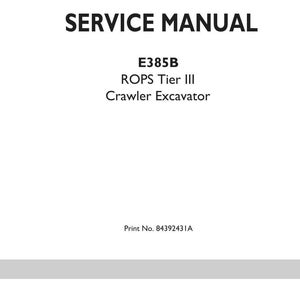 K&ouml;nnte beinhalten: Ein wei&szlig;es Wartungshandbuch-Cover mit schwarzem Text: SERVICE MANUAL, E385B, ROPS Tier III, Crawler Excavator und Print No. 84392431A. Unten befindet sich ein schwarzes Logo mit dem Text NEW HOLLAND CONSTRUCTION und einem Blattsymbol.