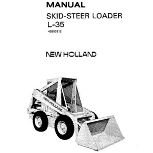 May include: An operator's manual for a New Holland L-35 skid-steer loader. The cover features black text on a white background, including the title, model number 42653512, and a black and white line drawing of the skid-steer loader machine.
