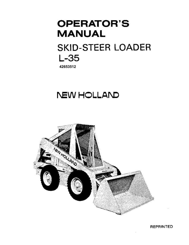 May include: An operator's manual for a New Holland L-35 skid-steer loader. The cover features black text on a white background, including the title, model number 42653512, and a black and white line drawing of the skid-steer loader machine.