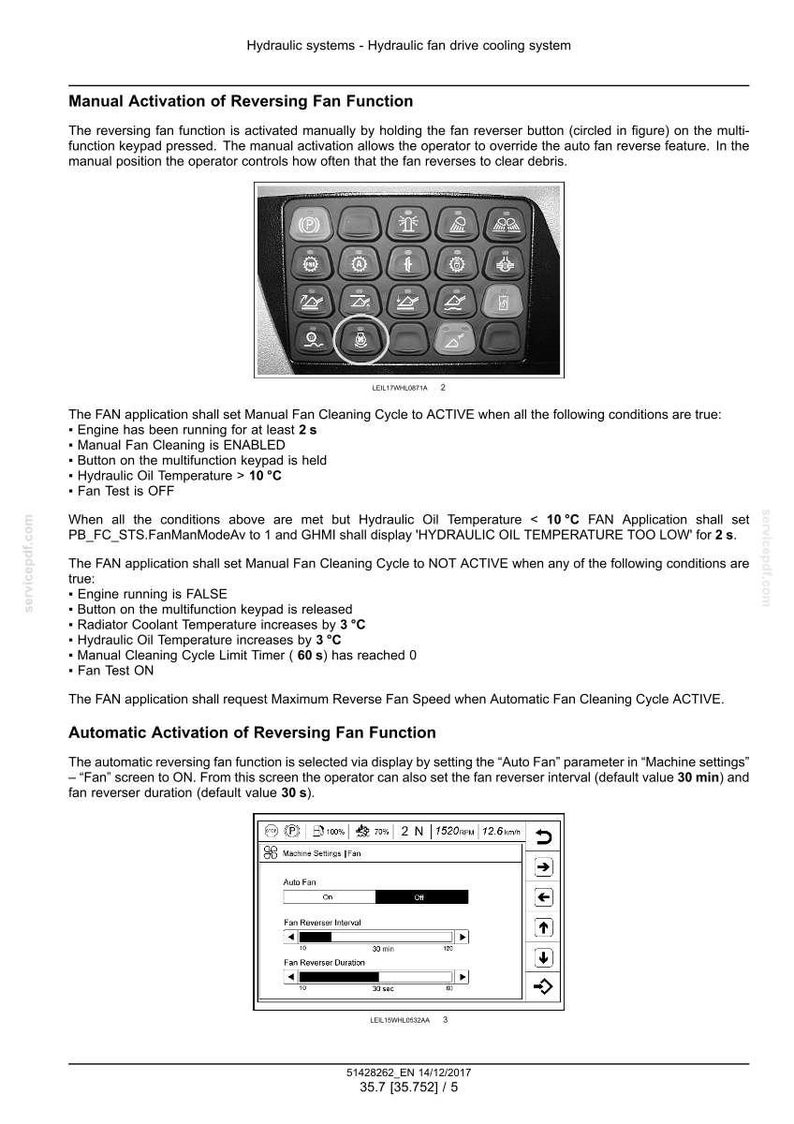 May include: A page from a manual detailing the manual and automatic activation of a reversing fan function. The image includes a diagram of a control panel with various buttons and a screenshot of the settings.