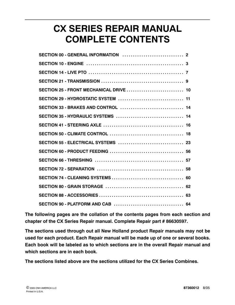 Manuale di officina per la riparazione e la manutenzione della mietitrebbia New Holland serie CX / Download PDF immediato immagine 3