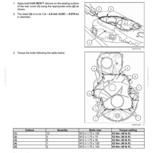 K&ouml;nnte beinhalten: Diagramm zur Montage der Motorblockabdeckung, mit Beschriftungen und einer Tabelle mit Bolzengr&ouml;&szlig;en und Drehmomenteinstellungen. Anweisungen zum Auftragen von Silikon und Anziehen der Schrauben.