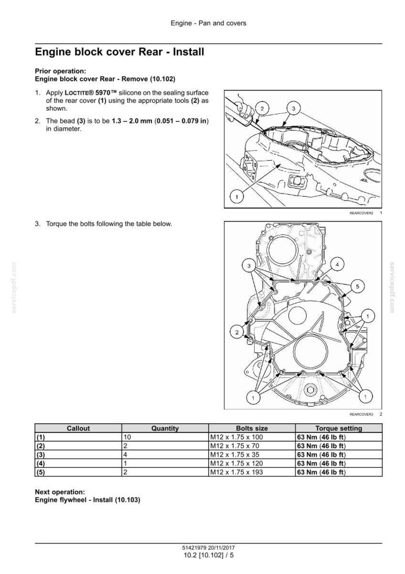 K&ouml;nnte beinhalten: Diagramm zur Montage der Motorblockabdeckung, mit Beschriftungen und einer Tabelle mit Bolzengr&ouml;&szlig;en und Drehmomenteinstellungen. Anweisungen zum Auftragen von Silikon und Anziehen der Schrauben.