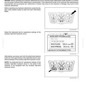 May include: A page from a manual showing operational settings for auxiliary hydraulics. It includes diagrams of control panels with buttons and a display showing flow and pressure measurements in L/min and MPa.
