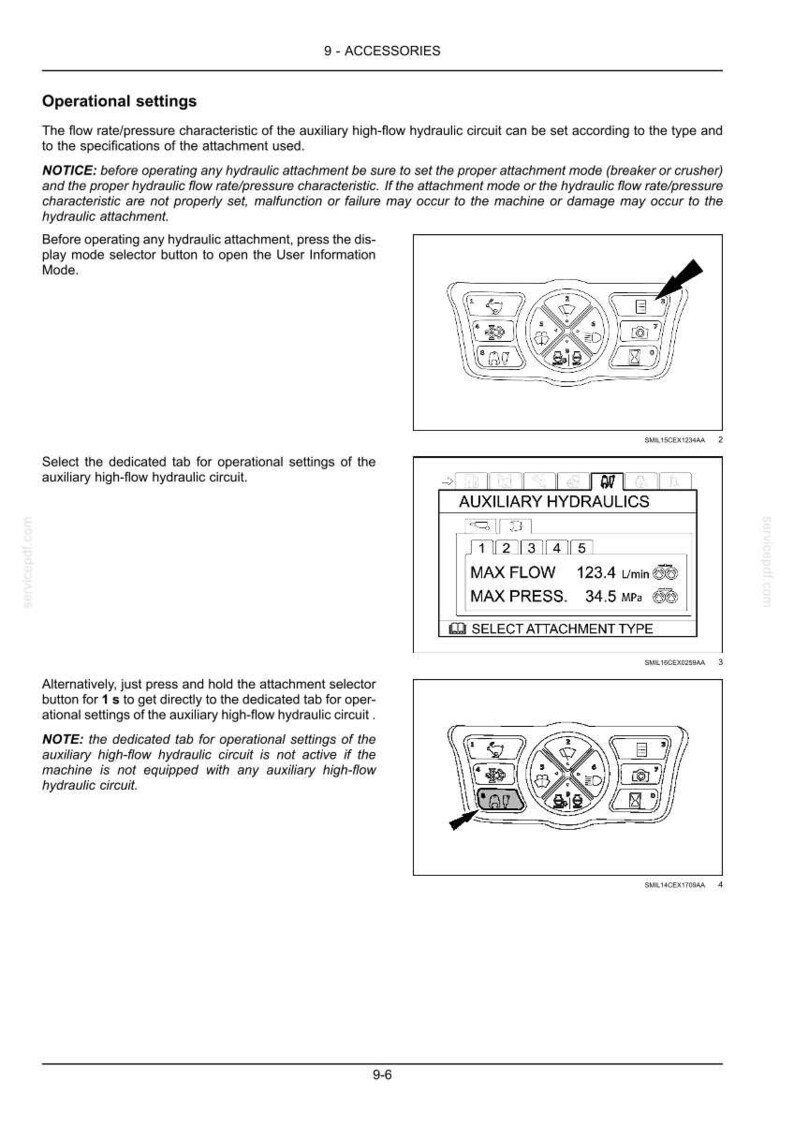 May include: A page from a manual showing operational settings for auxiliary hydraulics. It includes diagrams of control panels with buttons and a display showing flow and pressure measurements in L/min and MPa.