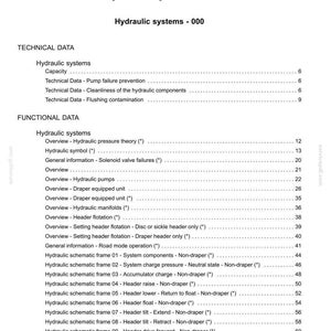 May include: A detailed table of contents from a manual on hydraulic systems, with the title "Hydraulic systems - 35". The document includes sections on technical and functional data, with page numbers for each topic.