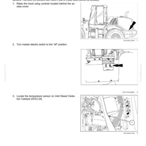 May include: Diagram showing the procedure for removing exhaust gas recirculation (EGR) temperature sensors. The image details steps such as raising the hood, switching off the master electric switch, and locating the sensor on the inlet Diesel Oxidation Catalyst (DOC).