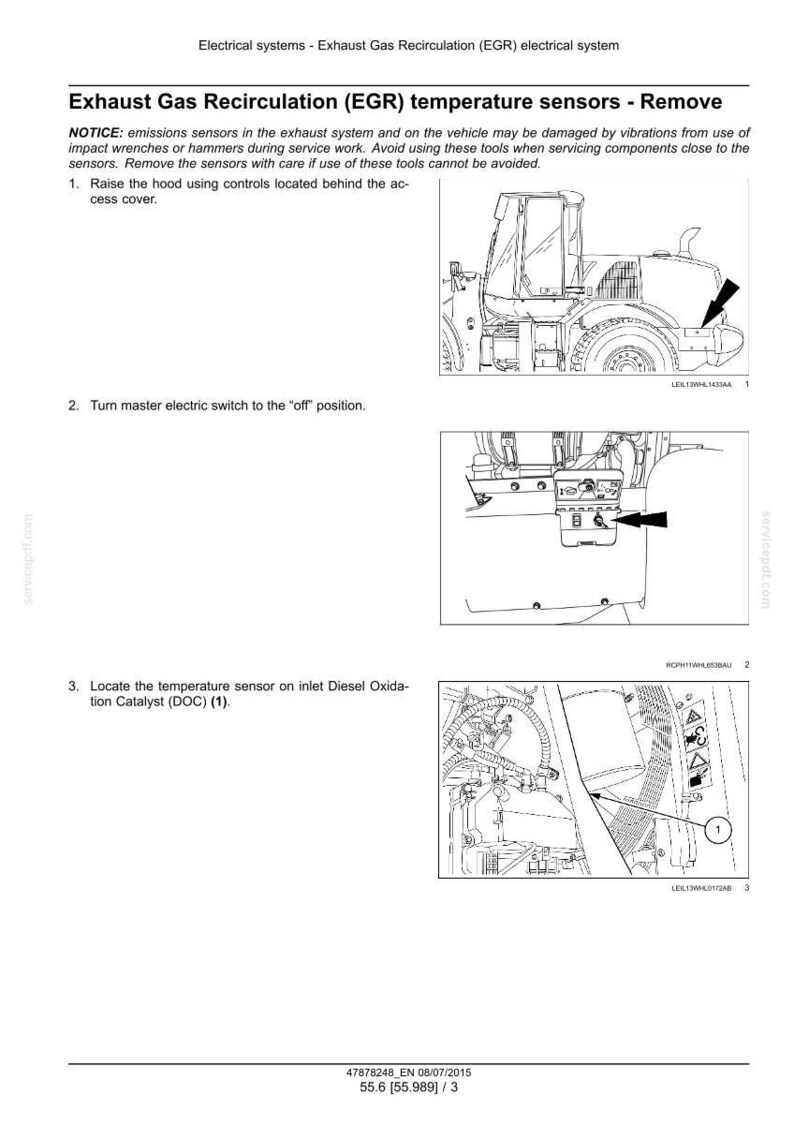 May include: Diagram showing the procedure for removing exhaust gas recirculation (EGR) temperature sensors. The image details steps such as raising the hood, switching off the master electric switch, and locating the sensor on the inlet Diesel Oxidation Catalyst (DOC).