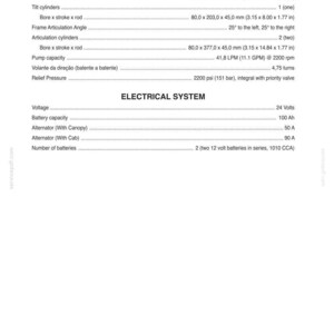 May include: A detailed specification sheet with headings for Steering and Electrical System. The Steering section lists specifications for front wheels, steering cylinders, tilt cylinders, frame articulation angle, and pump capacity. The Electrical System section lists voltage, battery capacity, and alternator details.