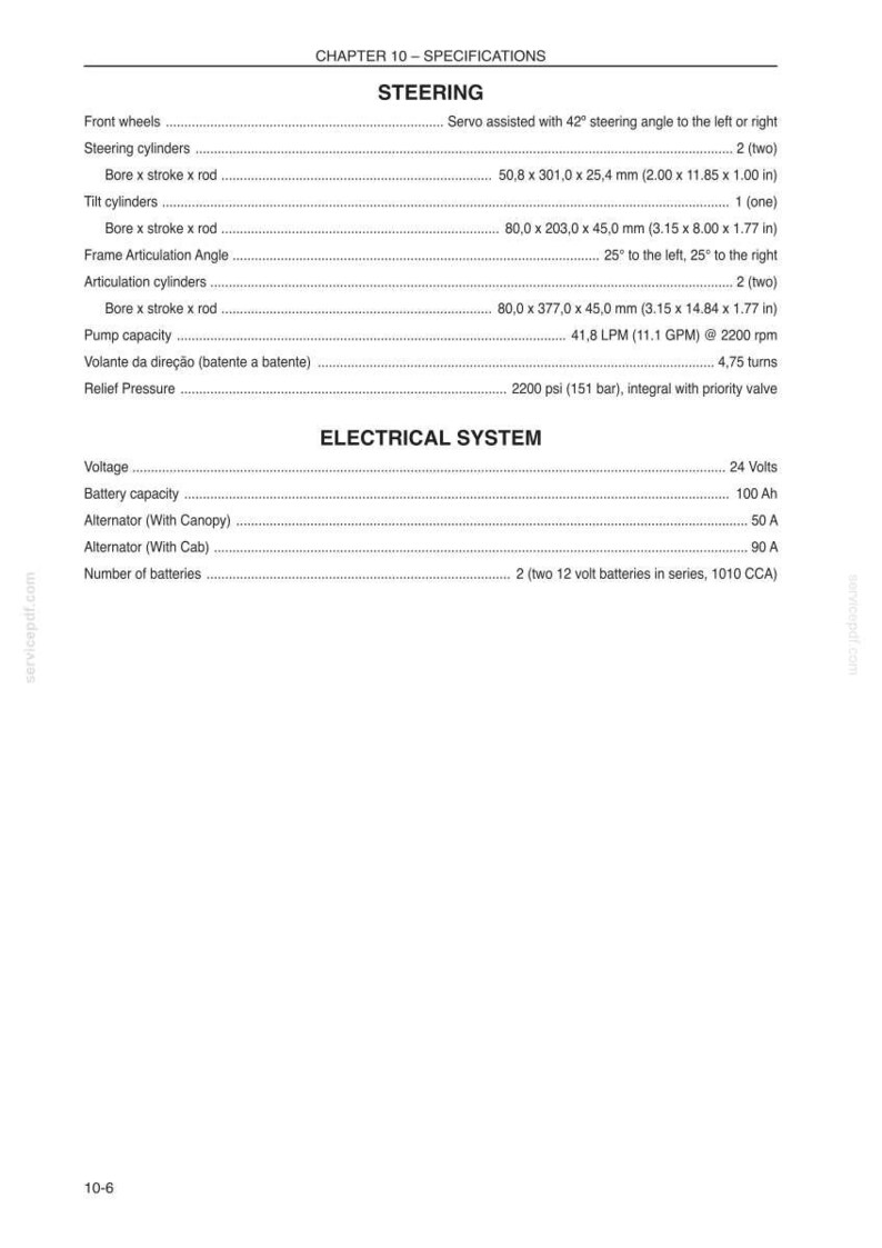 May include: A detailed specification sheet with headings for Steering and Electrical System. The Steering section lists specifications for front wheels, steering cylinders, tilt cylinders, frame articulation angle, and pump capacity. The Electrical System section lists voltage, battery capacity, and alternator details.