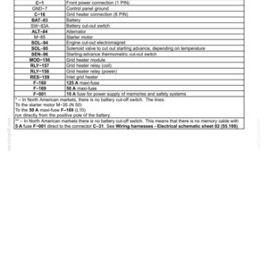 May include: Electrical schematic sheet 01 for wiring harnesses, detailing the starting, recharging, and grid heater circuit. Includes a component list with descriptions, such as battery, alternator, and various fuses. The text is in black on a white background.