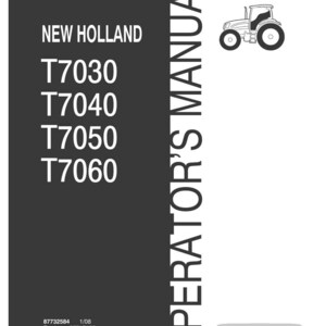 Może przedstawiać: Instrukcja obsługi New Holland dla modeli ciągnik&oacute;w T7030, T7040, T7050 i T7060. Okładka jest ciemnoszara z białym tekstem, zawiera małą czarną ikonę ciągnika u g&oacute;ry oraz logo New Holland Agriculture w prawym dolnym rogu.