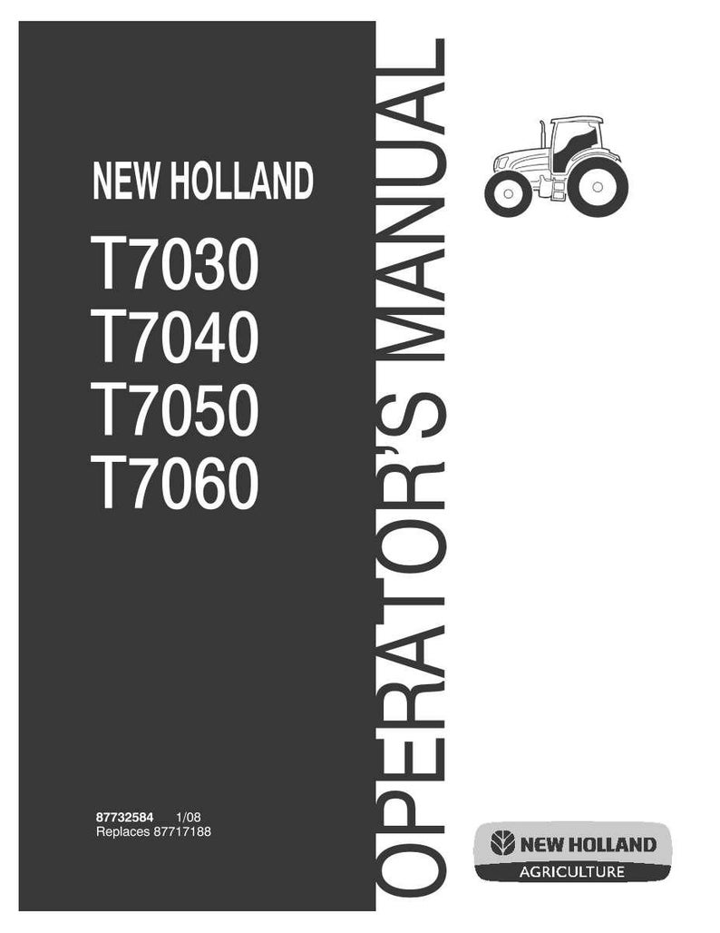 Może przedstawiać: Instrukcja obsługi New Holland dla modeli ciągnik&oacute;w T7030, T7040, T7050 i T7060. Okładka jest ciemnoszara z białym tekstem, zawiera małą czarną ikonę ciągnika u g&oacute;ry oraz logo New Holland Agriculture w prawym dolnym rogu.