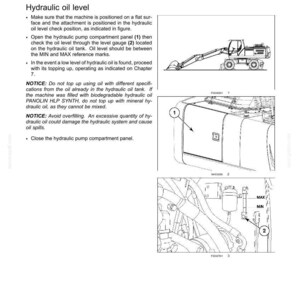May include: A technical document page titled 4 - OPERATING INSTRUCTIONS detailing hydraulic oil level maintenance for heavy machinery. It includes diagrams of an excavator, a compartment panel labeled 1, and an oil gauge labeled 2 with MIN and MAX marks.