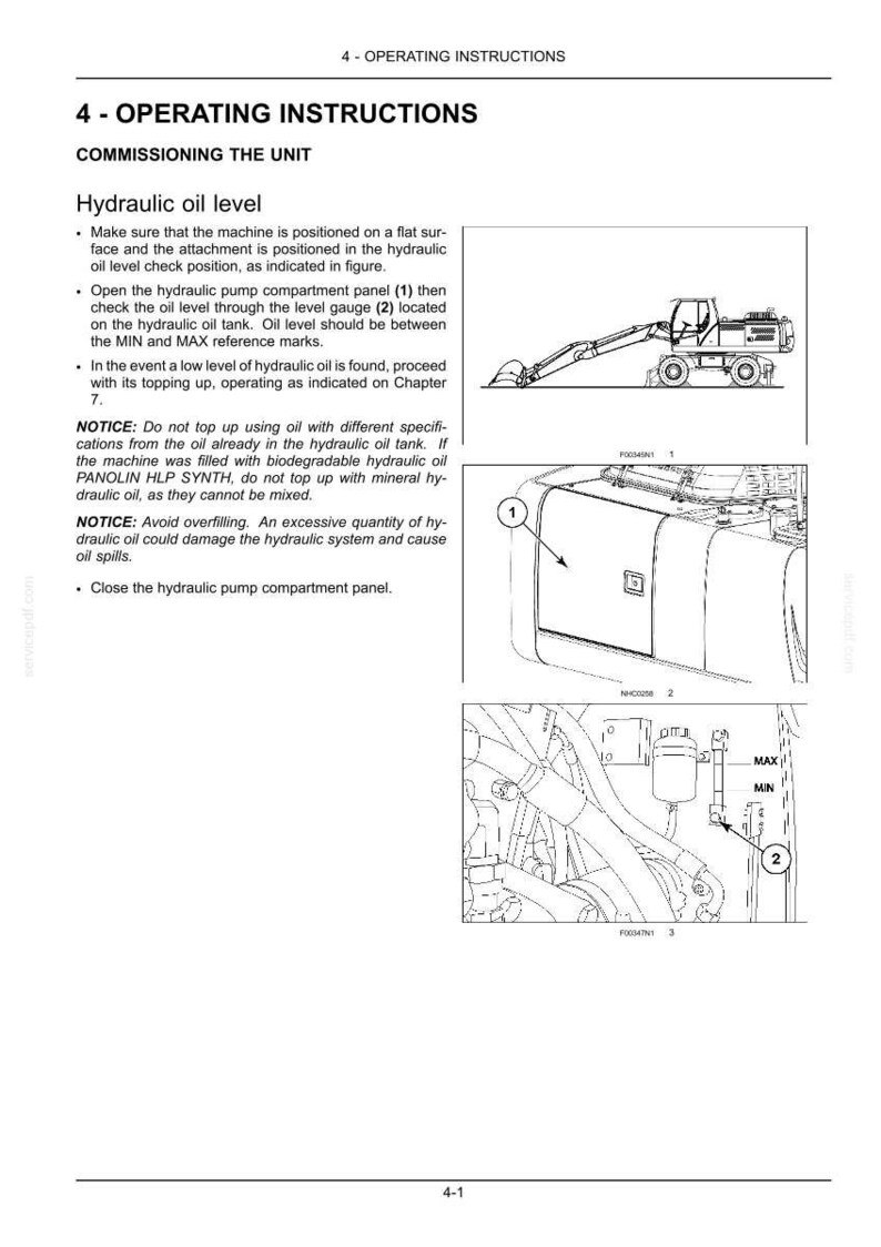 May include: A technical document page titled 4 - OPERATING INSTRUCTIONS detailing hydraulic oil level maintenance for heavy machinery. It includes diagrams of an excavator, a compartment panel labeled 1, and an oil gauge labeled 2 with MIN and MAX marks.