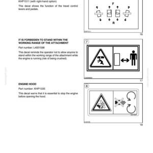 May include: Page from a manual with safety decals and hand signals. Includes diagrams for lever and pedal functions, a warning about standing within the working range, and instructions to stop the engine before opening the hood.