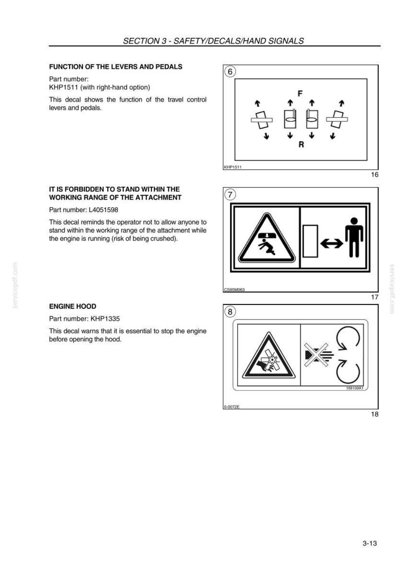 May include: Page from a manual with safety decals and hand signals. Includes diagrams for lever and pedal functions, a warning about standing within the working range, and instructions to stop the engine before opening the hood.