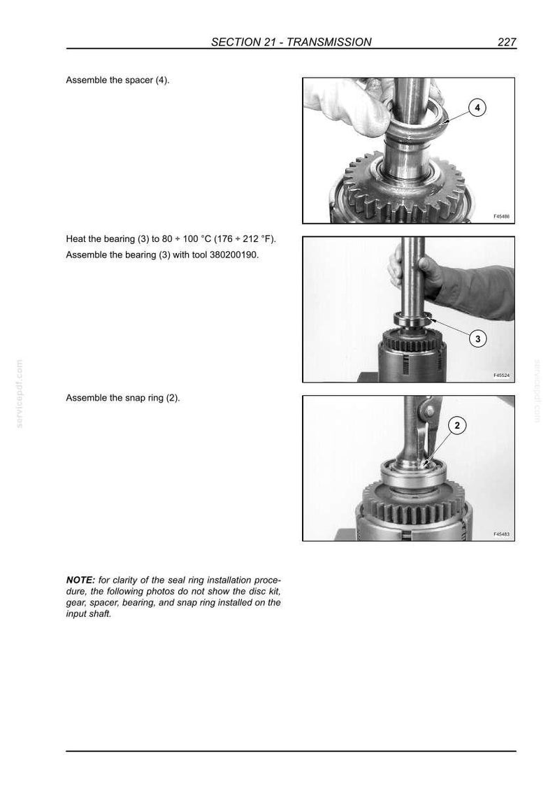 May include: Technical diagram from a manual showing the assembly of transmission components. The images show the assembly of a spacer, bearing, and snap ring. The text includes instructions and part numbers.