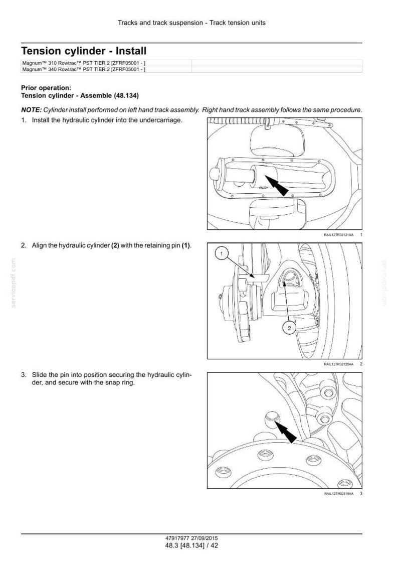 Op de afbeelding: Diagram met de installatie van een spancilinder. De afbeelding toont stapsgewijze instructies met pijlen die naar specifieke onderdelen wijzen. Tekst bevat "Tension cylinder - Install" en "Align the hydraulic cylinder".