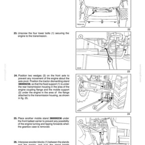 May include: Diagrams from a manual showing steps for engine maintenance. The images include close-ups of engine components, bolts, and stands. Text includes instructions for unscrewing nuts and bolts, positioning wedges, and using mobile stands.
