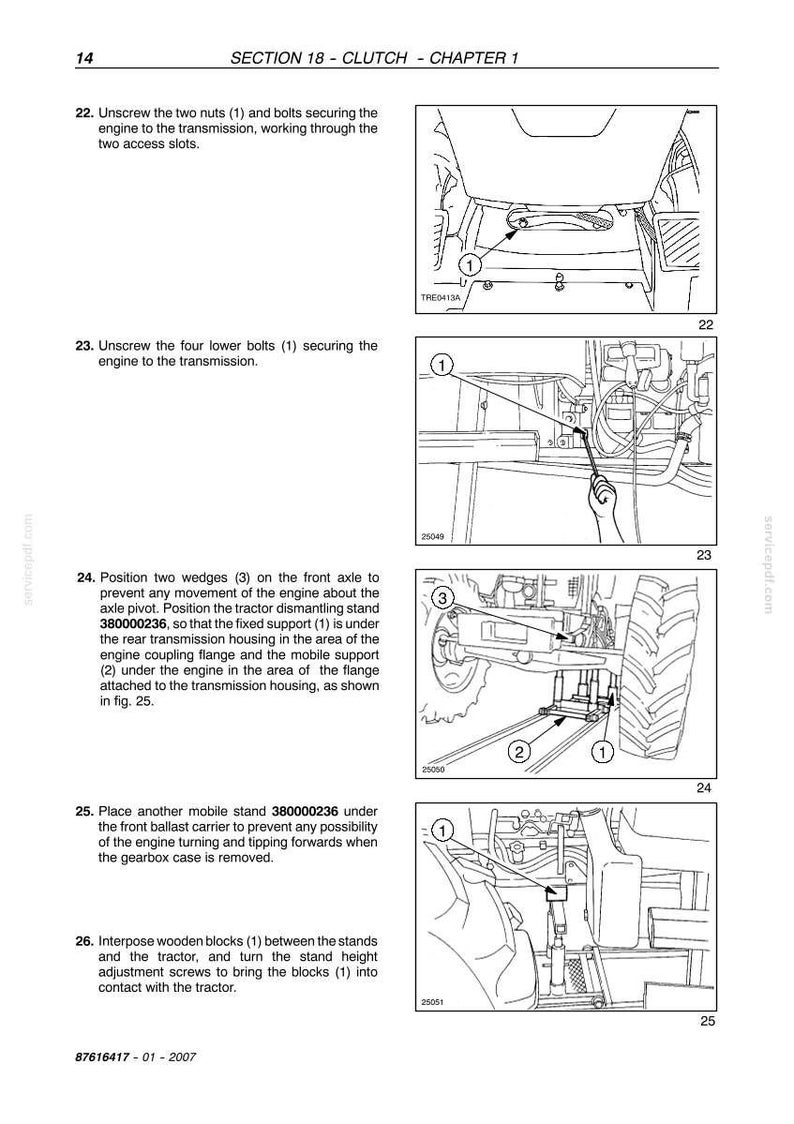 May include: Diagrams from a manual showing steps for engine maintenance. The images include close-ups of engine components, bolts, and stands. Text includes instructions for unscrewing nuts and bolts, positioning wedges, and using mobile stands.