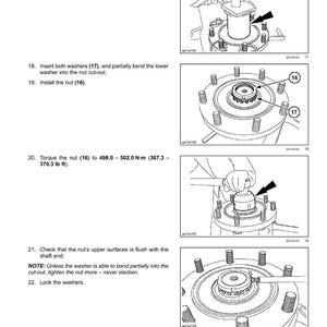 Op de afbeelding: Diagram met instructies voor de montage van een vooras, met koppel specificaties in Newtonmeters. Afbeeldingen tonen stappen voor het installeren van onderdelen, inclusief ringen en een moer.