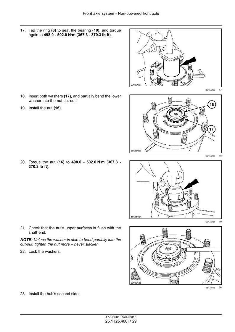 Op de afbeelding: Diagram met instructies voor de montage van een vooras, met koppel specificaties in Newtonmeters. Afbeeldingen tonen stappen voor het installeren van onderdelen, inclusief ringen en een moer.
