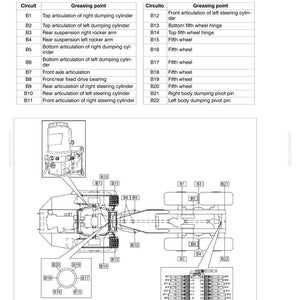 Pu&ograve; includere: Diagramma dei punti di ingrassaggio di un veicolo, con etichette e uno schema dettagliato. Include una tabella che elenca i circuiti e i punti di ingrassaggio, come l'articolazione dell'asse anteriore e le cerniere della quinta ruota. Testo: "MANUTENZIONE".