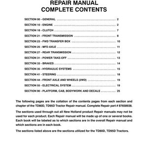 May include: A white document titled TD80D, TD95D REPAIR MANUAL COMPLETE CONTENTS, listing sections from 00 to 90 including engine, clutch, transmission, and hydraulic systems. It includes text about the manual part number 87658938 and printing details.