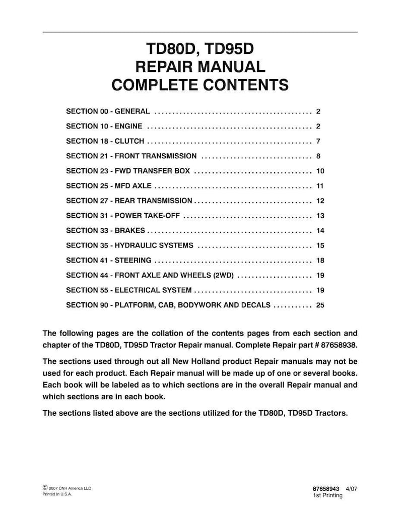 May include: A white document titled TD80D, TD95D REPAIR MANUAL COMPLETE CONTENTS, listing sections from 00 to 90 including engine, clutch, transmission, and hydraulic systems. It includes text about the manual part number 87658938 and printing details.