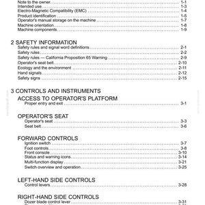May include: A white-background page from a manual titled "Contents." The table of contents lists sections including General Information, Safety Information, Controls and Instruments, and Forward Controls. Page numbers are listed on the right.