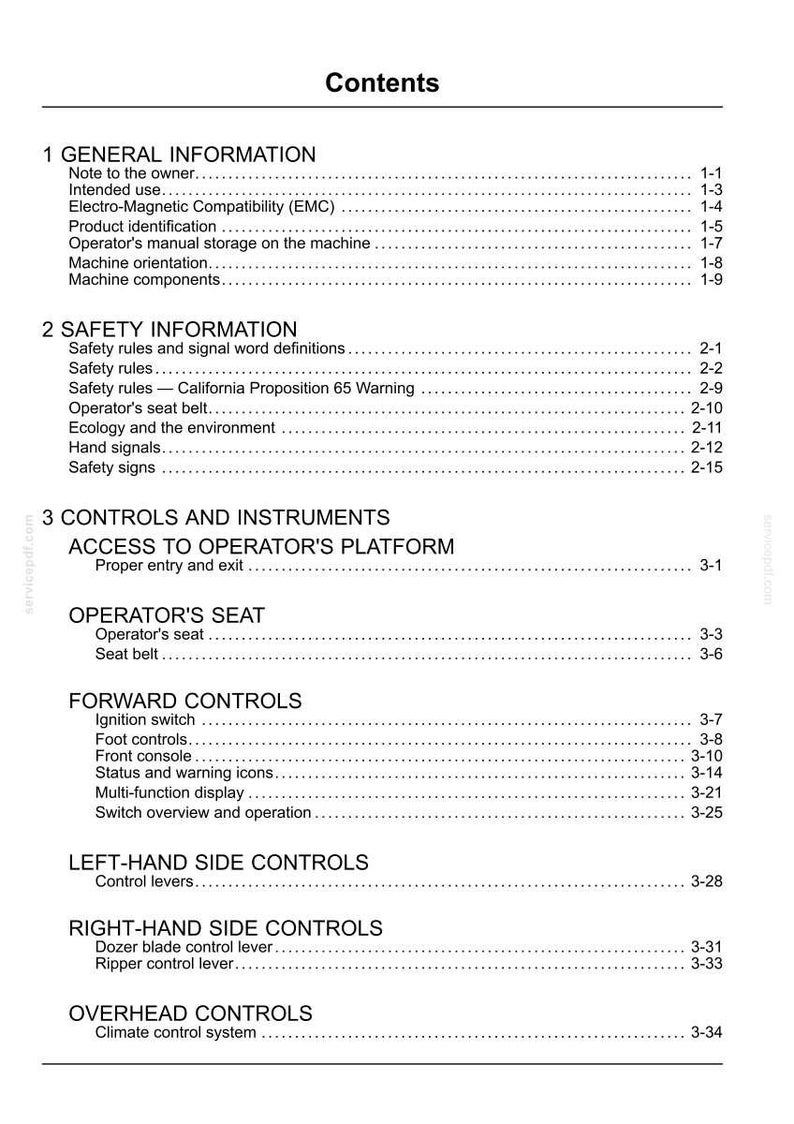 May include: A white-background page from a manual titled "Contents." The table of contents lists sections including General Information, Safety Information, Controls and Instruments, and Forward Controls. Page numbers are listed on the right.