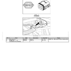 May include: Diagram of electrical connectors and wiring, labeled "X-388 - TO TERMINATOR (87695693) (Female)". Includes close-up images of the connectors, a wiring diagram, and a table detailing pin connections, wire types, and color sizes.