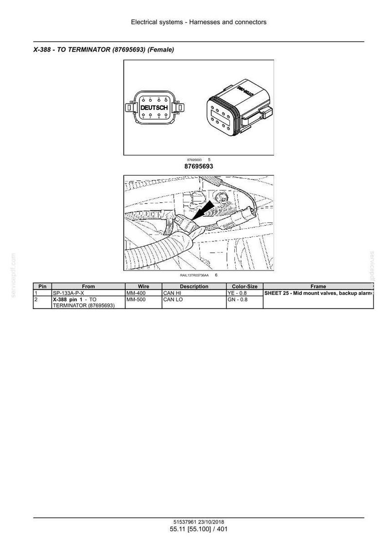 May include: Diagram of electrical connectors and wiring, labeled "X-388 - TO TERMINATOR (87695693) (Female)". Includes close-up images of the connectors, a wiring diagram, and a table detailing pin connections, wire types, and color sizes.