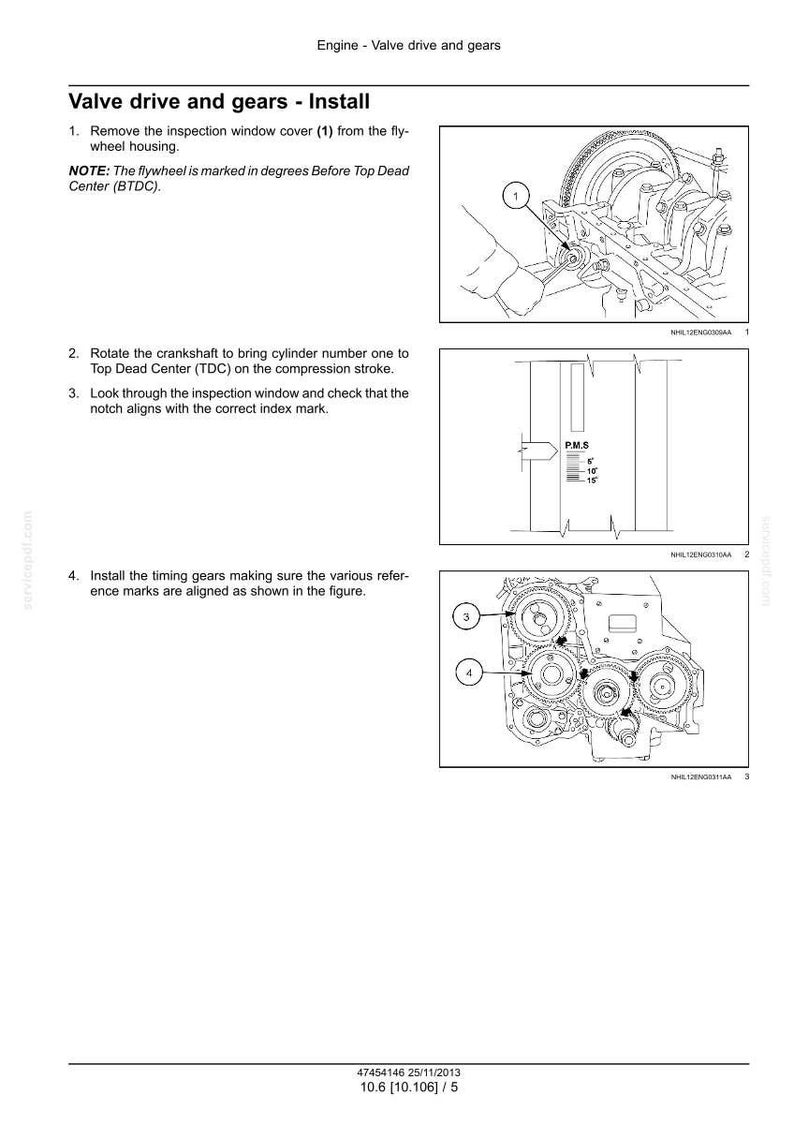 May include: Diagram illustrating the installation of valve drive and gears. The image includes numbered steps, diagrams of engine components, and text instructions. The flywheel is marked in degrees before top dead center.