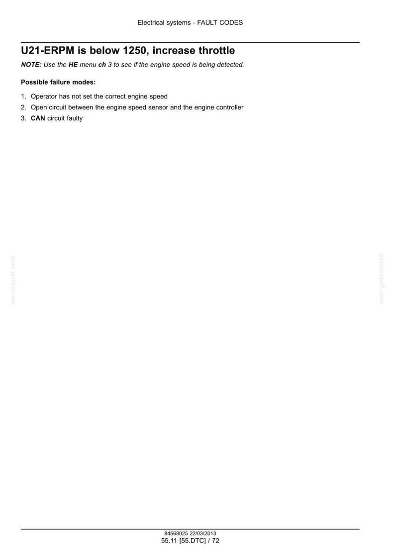 May include: A white document with black text detailing electrical system fault codes. The text includes instructions to increase throttle if the ERPM is below 1250, and lists possible failure modes. The document is dated March 22, 2013.