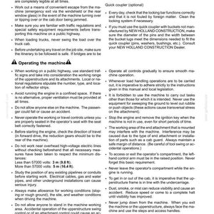 May include: A page of a New Holland Construction manual titled 2-SAFETY INFORMATION. It contains black text on a white background detailing safety protocols for operating machinery, including instructions for public highways and overhead power lines.