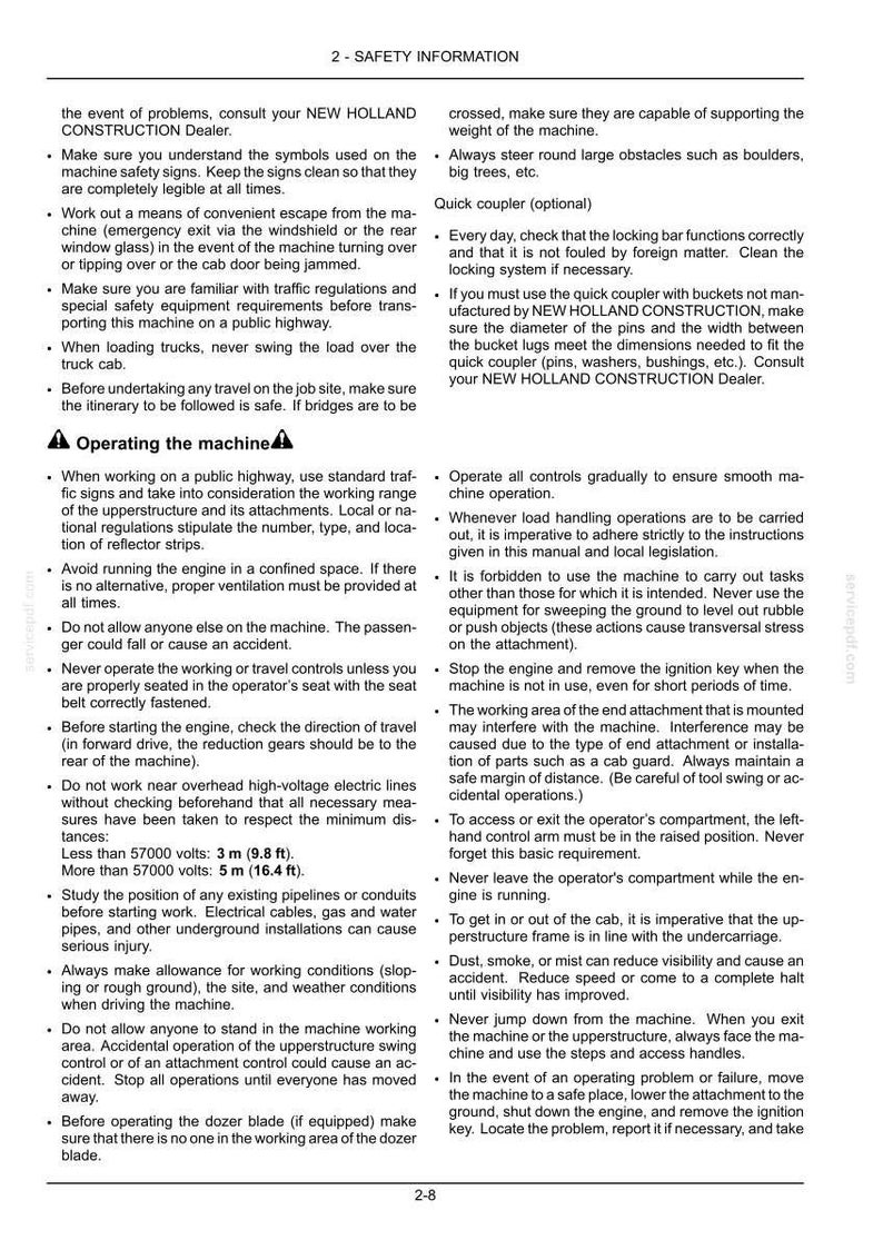 May include: A page of a New Holland Construction manual titled 2-SAFETY INFORMATION. It contains black text on a white background detailing safety protocols for operating machinery, including instructions for public highways and overhead power lines.