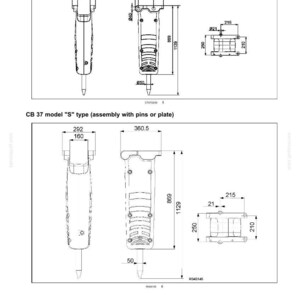 May include: Technical specification diagram for the CB 37 model P and S type assembly. The black and white line drawing displays front and side views of the equipment with labeled dimensions in millimeters, including 292, 360.5, 869, and 1129.
