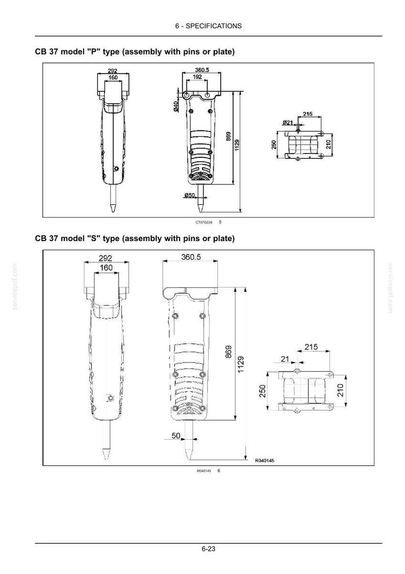 May include: Technical specification diagram for the CB 37 model P and S type assembly. The black and white line drawing displays front and side views of the equipment with labeled dimensions in millimeters, including 292, 360.5, 869, and 1129.